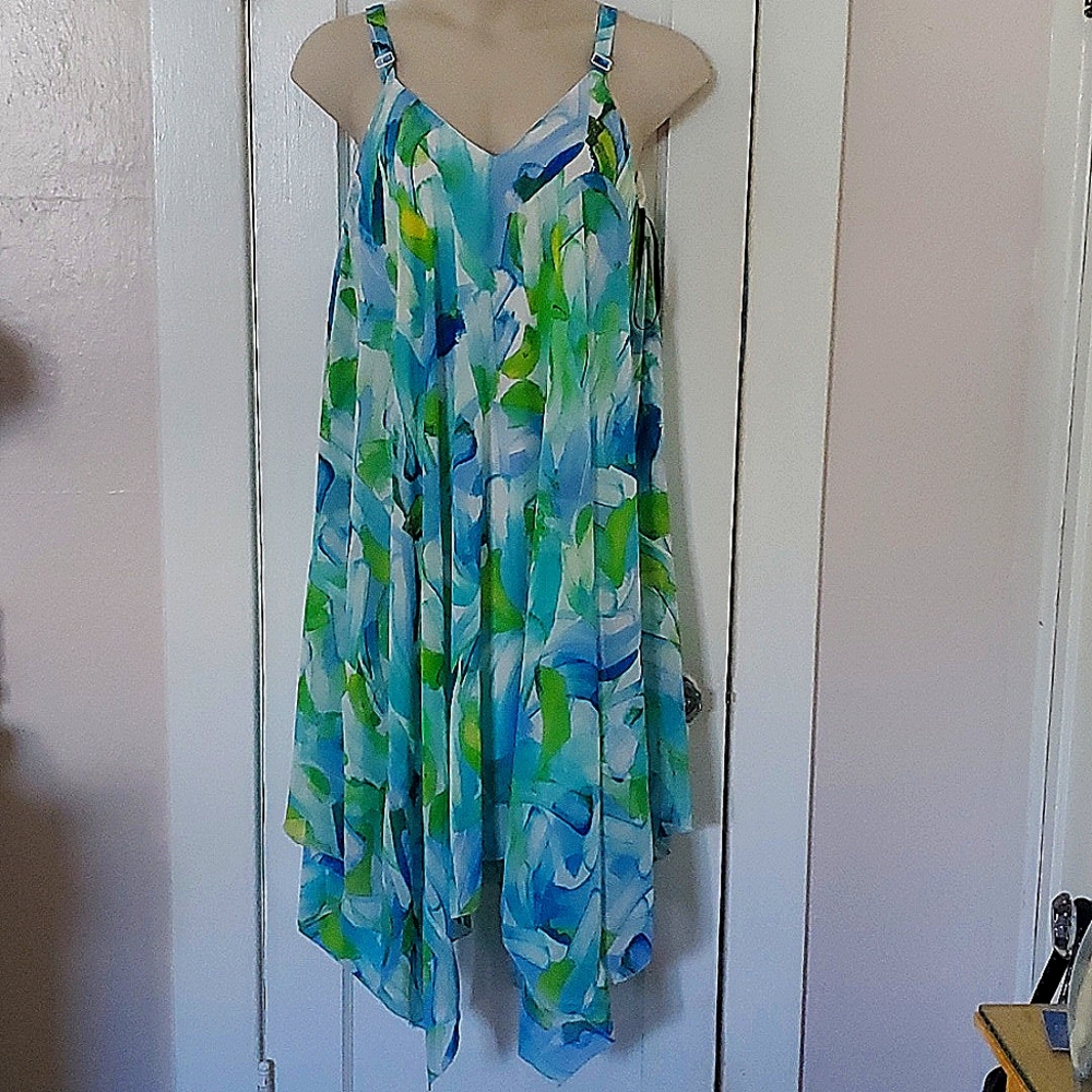 Nina Leonard Blue/Green/Yellow Print Strappy Dress - NWT